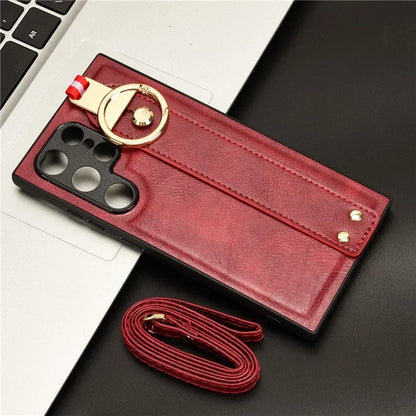 For Samsung Galaxy S24 Ultra Case Slim-Fit PU Leather+PC+TPU Back Shell with Neck Strap