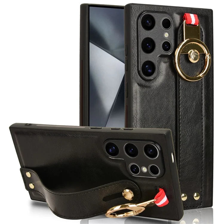 For Samsung Galaxy S24 Ultra Case Slim-Fit PU Leather+PC+TPU Back Shell with Neck Strap