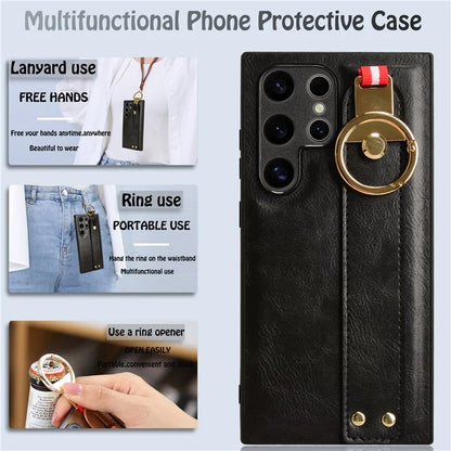 For Samsung Galaxy S24 Ultra Case Slim-Fit PU Leather+PC+TPU Back Shell with Neck Strap