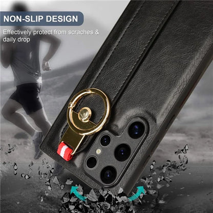 For Samsung Galaxy S24 Ultra Case Slim-Fit PU Leather+PC+TPU Back Shell with Neck Strap