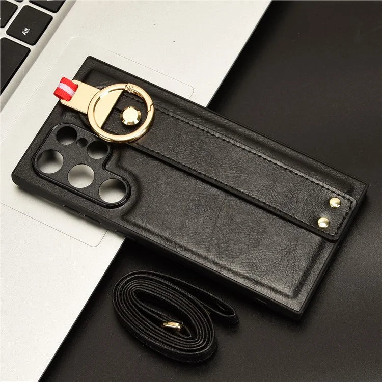 For Samsung Galaxy S24 Ultra Case Slim-Fit PU Leather+PC+TPU Back Shell with Neck Strap