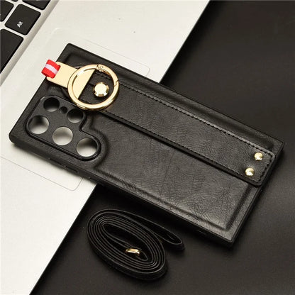 For Samsung Galaxy S24 Ultra Case Slim-Fit PU Leather+PC+TPU Back Shell with Neck Strap
