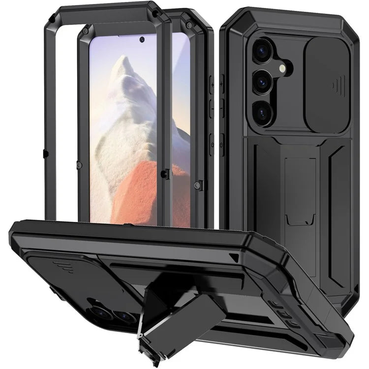 R-JUST For Samsung Galaxy S24 Case PC+Silicone+Metal Back Shell with Slide Camera Lid
