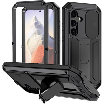 R-JUST For Samsung Galaxy S24 Case PC+Silicone+Metal Back Shell with Slide Camera Lid