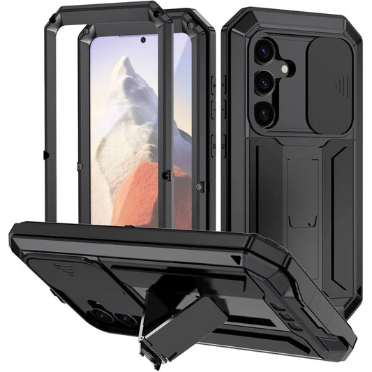 R-JUST For Samsung Galaxy S24 Case PC+Silicone+Metal Back Shell with Slide Camera Lid