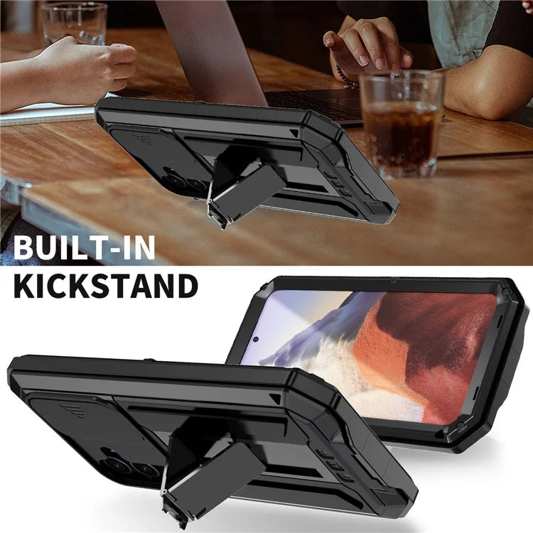 R-JUST For Samsung Galaxy S24 Case PC+Silicone+Metal Back Shell with Slide Camera Lid
