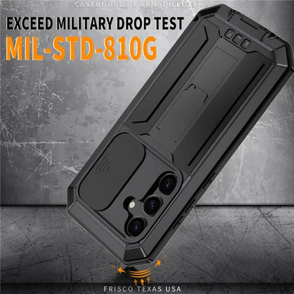 R-JUST For Samsung Galaxy S24 Case PC+Silicone+Metal Back Shell with Slide Camera Lid