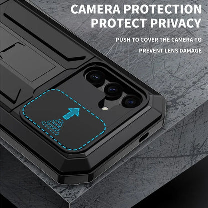 R-JUST For Samsung Galaxy S24 Case PC+Silicone+Metal Back Shell with Slide Camera Lid