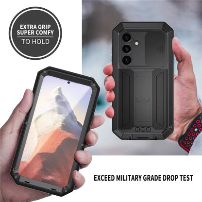 R-JUST For Samsung Galaxy S24 Case PC+Silicone+Metal Back Shell with Slide Camera Lid