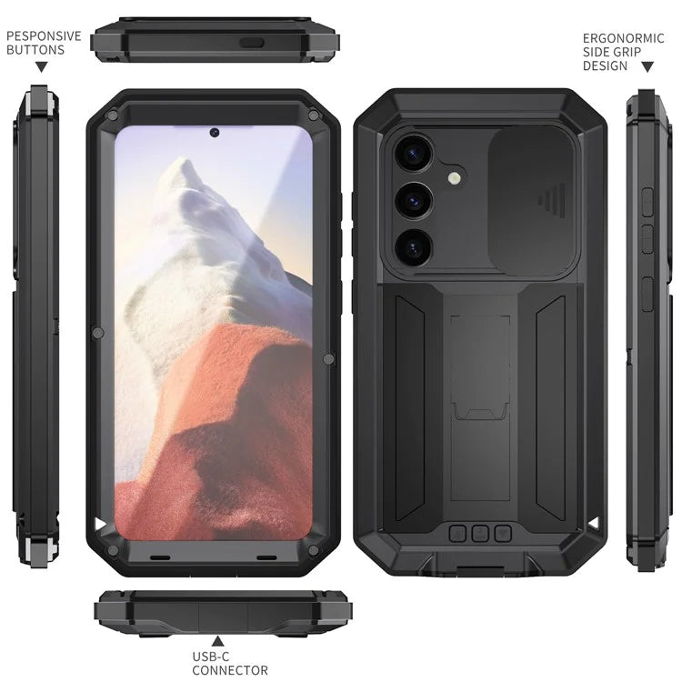 R-JUST For Samsung Galaxy S24 Case PC+Silicone+Metal Back Shell with Slide Camera Lid