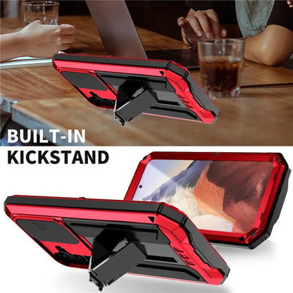 R-JUST For Samsung Galaxy S24 Case PC+Silicone+Metal Back Shell with Slide Camera Lid