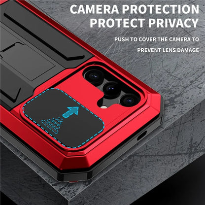 R-JUST For Samsung Galaxy S24 Case PC+Silicone+Metal Back Shell with Slide Camera Lid