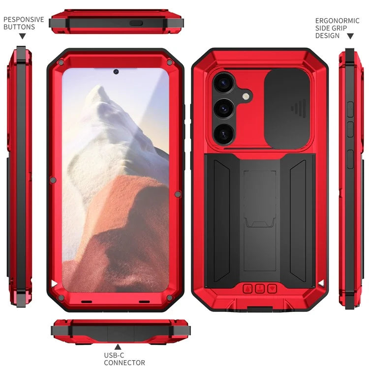 R-JUST For Samsung Galaxy S24 Case PC+Silicone+Metal Back Shell with Slide Camera Lid