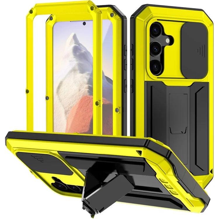 R-JUST For Samsung Galaxy S24 Case PC+Silicone+Metal Back Shell with Slide Camera Lid