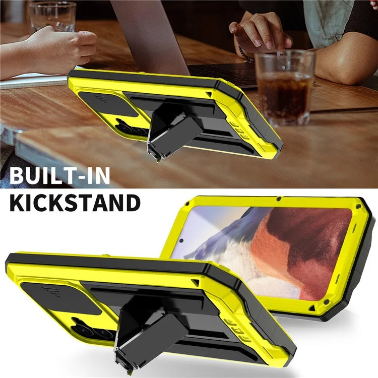 R-JUST For Samsung Galaxy S24 Case PC+Silicone+Metal Back Shell with Slide Camera Lid