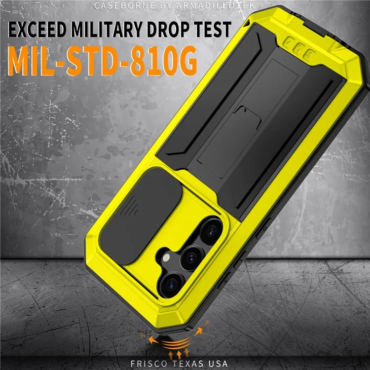 R-JUST For Samsung Galaxy S24 Case PC+Silicone+Metal Back Shell with Slide Camera Lid