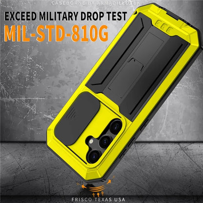 R-JUST For Samsung Galaxy S24 Case PC+Silicone+Metal Back Shell with Slide Camera Lid
