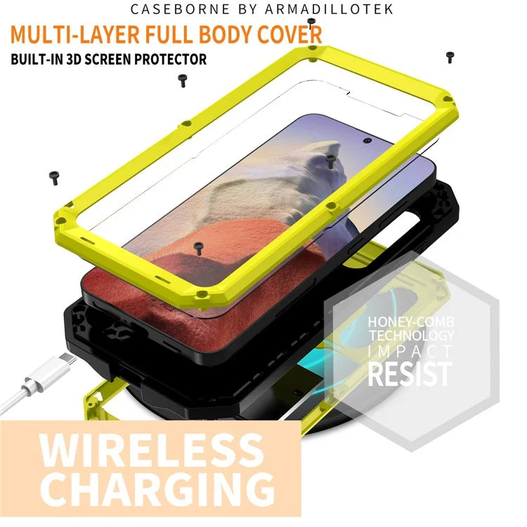R-JUST For Samsung Galaxy S24 Case PC+Silicone+Metal Back Shell with Slide Camera Lid