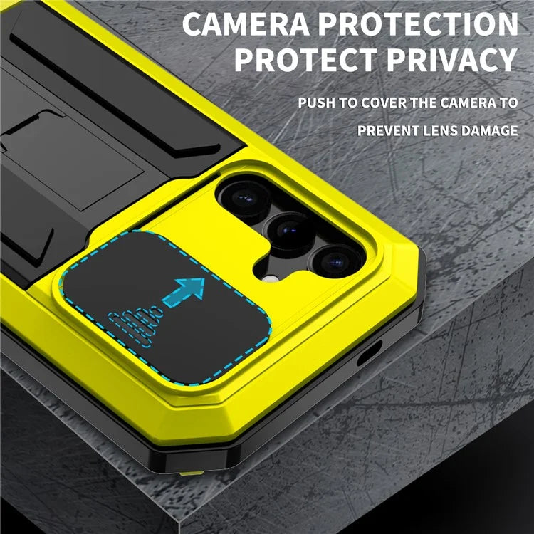 R-JUST For Samsung Galaxy S24 Case PC+Silicone+Metal Back Shell with Slide Camera Lid