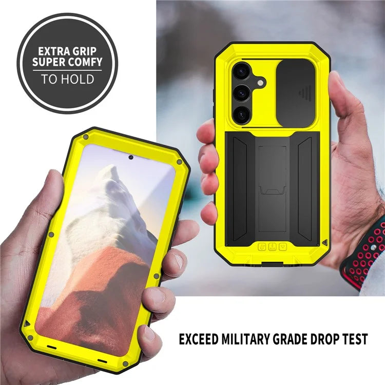 R-JUST For Samsung Galaxy S24 Case PC+Silicone+Metal Back Shell with Slide Camera Lid