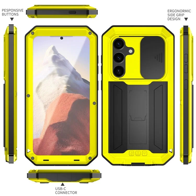 R-JUST For Samsung Galaxy S24 Case PC+Silicone+Metal Back Shell with Slide Camera Lid