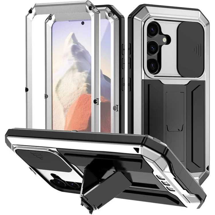 R-JUST For Samsung Galaxy S24 Case PC+Silicone+Metal Back Shell with Slide Camera Lid