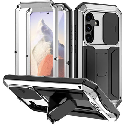 R-JUST For Samsung Galaxy S24 Case PC+Silicone+Metal Back Shell with Slide Camera Lid