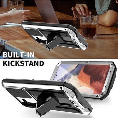 R-JUST For Samsung Galaxy S24 Case PC+Silicone+Metal Back Shell with Slide Camera Lid