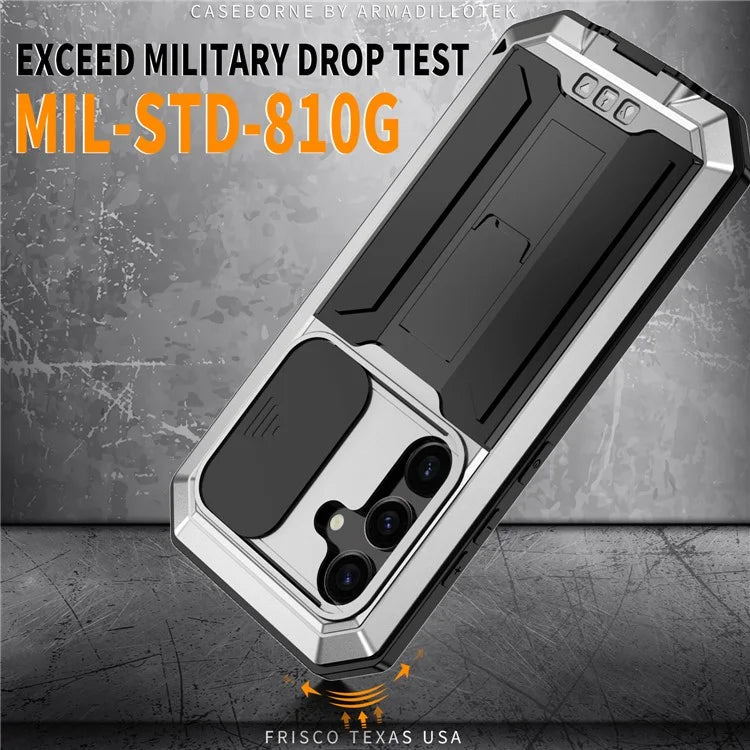 R-JUST For Samsung Galaxy S24 Case PC+Silicone+Metal Back Shell with Slide Camera Lid
