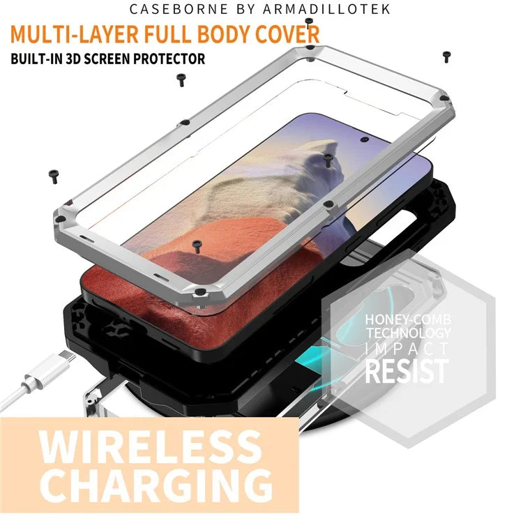 R-JUST For Samsung Galaxy S24 Case PC+Silicone+Metal Back Shell with Slide Camera Lid