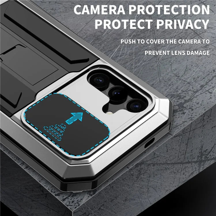 R-JUST For Samsung Galaxy S24 Case PC+Silicone+Metal Back Shell with Slide Camera Lid
