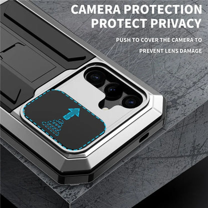 R-JUST For Samsung Galaxy S24 Case PC+Silicone+Metal Back Shell with Slide Camera Lid