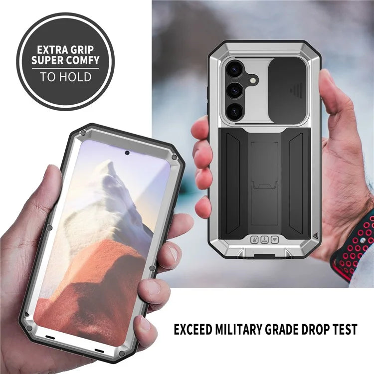 R-JUST For Samsung Galaxy S24 Case PC+Silicone+Metal Back Shell with Slide Camera Lid