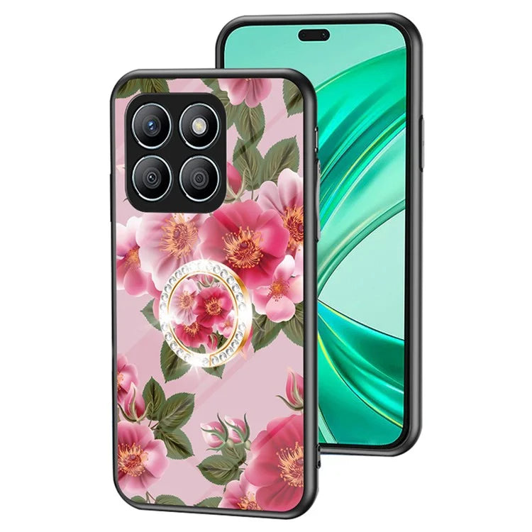 For Honor X8b 4G Flower Pattern Case Tempered Glass Phone Cover Ring Kickstand
