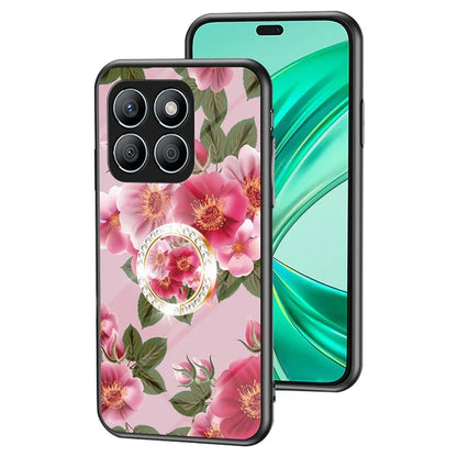 For Honor X8b 4G Flower Pattern Case Tempered Glass Phone Cover Ring Kickstand
