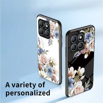 For Honor X8b 4G Flower Pattern Case Tempered Glass Phone Cover Ring Kickstand