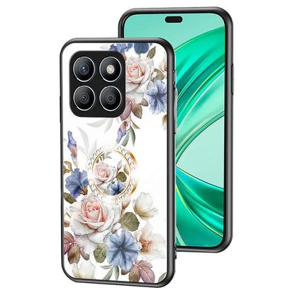 For Honor X8b 4G Flower Pattern Case Tempered Glass Phone Cover Ring Kickstand