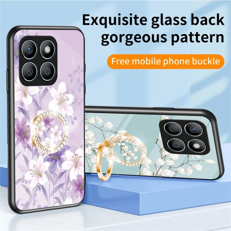 For Honor X8b 4G Flower Pattern Case Tempered Glass Phone Cover Ring Kickstand