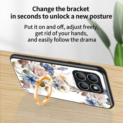 For Honor X8b 4G Flower Pattern Case Tempered Glass Phone Cover Ring Kickstand