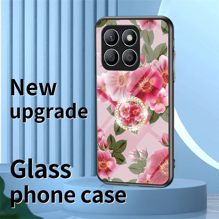 For Honor X8b 4G Flower Pattern Case Tempered Glass Phone Cover Ring Kickstand
