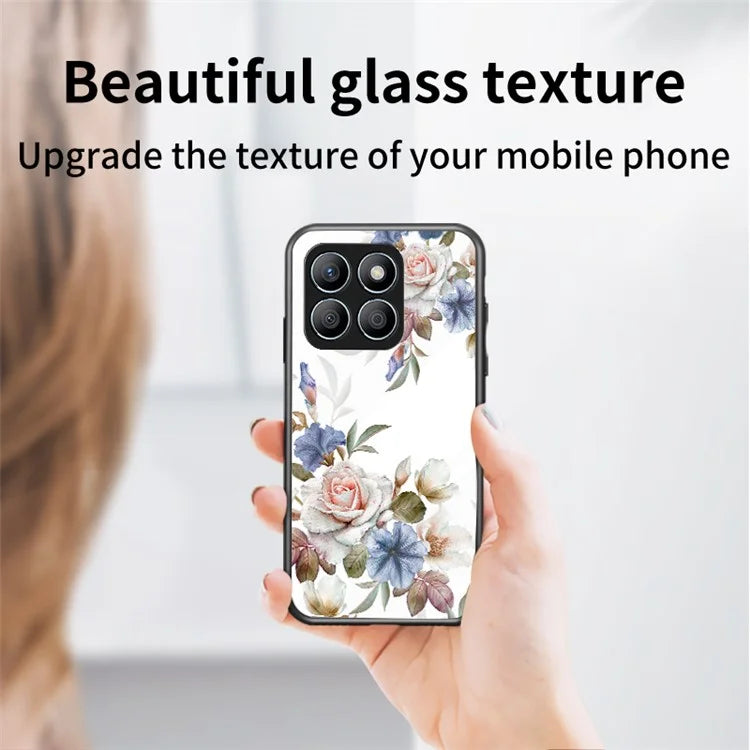 For Honor X8b 4G Flower Pattern Case Tempered Glass Phone Cover Ring Kickstand
