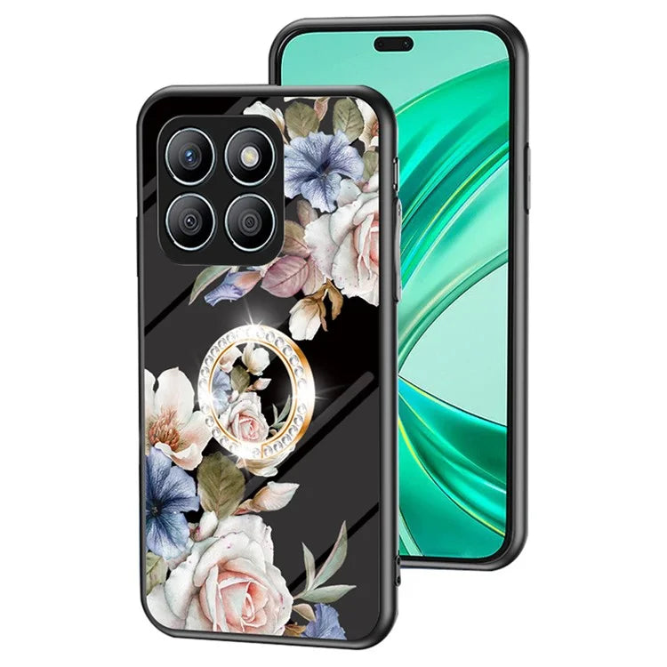 For Honor X8b 4G Flower Pattern Case Tempered Glass Phone Cover Ring Kickstand