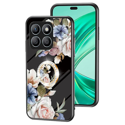 For Honor X8b 4G Flower Pattern Case Tempered Glass Phone Cover Ring Kickstand