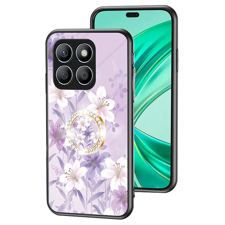 For Honor X8b 4G Flower Pattern Case Tempered Glass Phone Cover Ring Kickstand