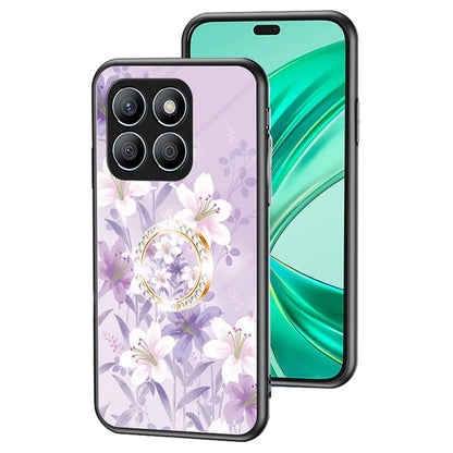 For Honor X8b 4G Flower Pattern Case Tempered Glass Phone Cover Ring Kickstand