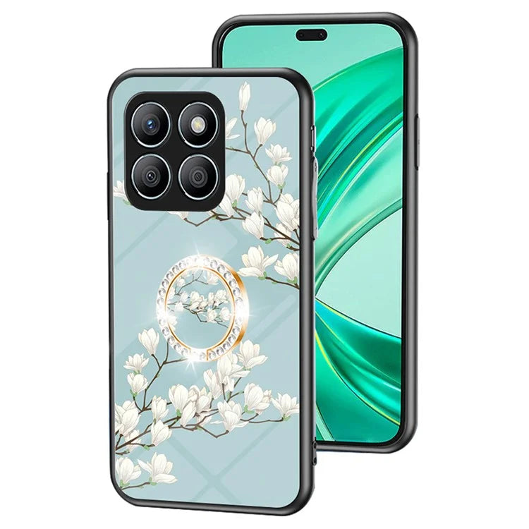 For Honor X8b 4G Flower Pattern Case Tempered Glass Phone Cover Ring Kickstand