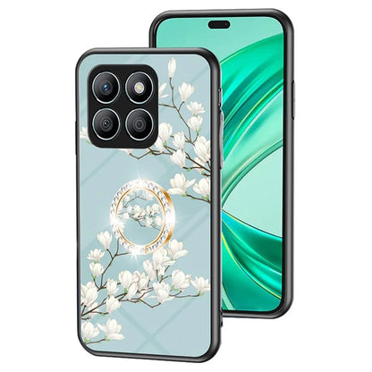 For Honor X8b 4G Flower Pattern Case Tempered Glass Phone Cover Ring Kickstand