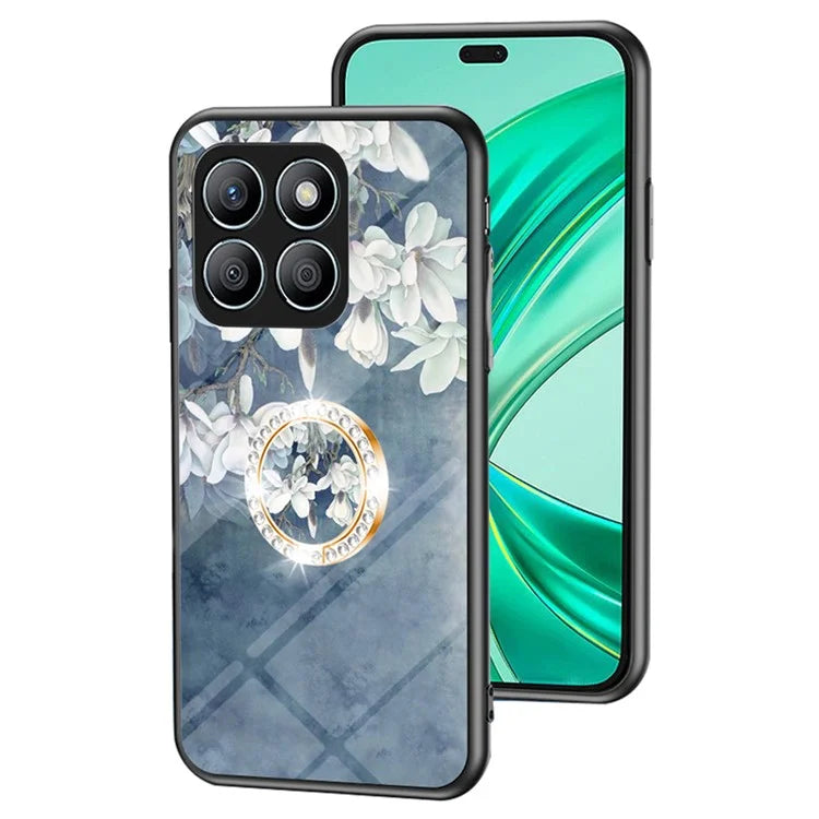 For Honor X8b 4G Flower Pattern Case Tempered Glass Phone Cover Ring Kickstand