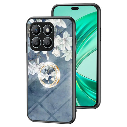 For Honor X8b 4G Flower Pattern Case Tempered Glass Phone Cover Ring Kickstand