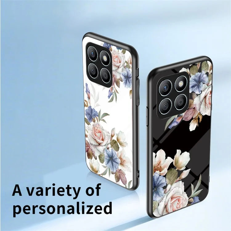 For Honor X8b 4G Flower Pattern Case Tempered Glass Phone Cover Ring Kickstand